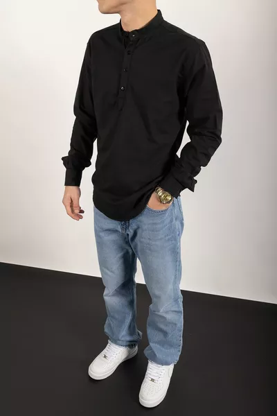 كم طويل القاضي طوق ثلاثة زر قميص الكتان