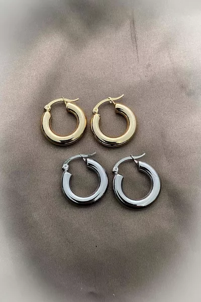 Steel Doesn't Tarnish - 2 Pairs Premium Curved Hoop Earrings Oval Gold Gold Thick Earrings Women's Chainonline