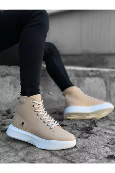 Herren Casual Creme Weiß Orthopädisch Dicke Sohle Sportstiefel Bequem Rutschfest Halbhals Langlebig