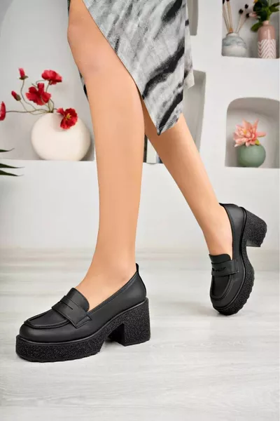 Black Skin Heels Loafer Moccasin Buckle Women Shoes