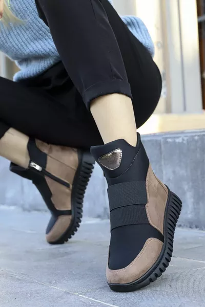 Hnm  Düz Tabanlı Lastik Detaylı Bot-vizon Suet