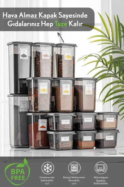 Ensemble de  récipients carrés de conservation des aliments avec couvercle anthracite 6x (0. LT-1. LT -1. LT) Étagère à épices étiquetée