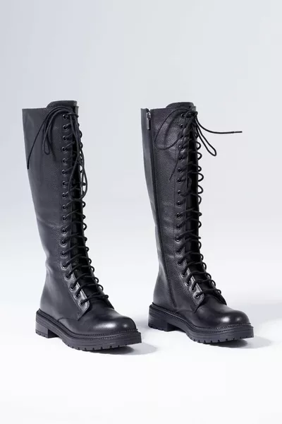 Cuir véritable femmes longues bottes à lacets hiver semelle antidérapante