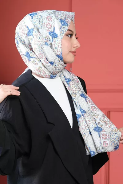 Геометричен модел Син памучен шал