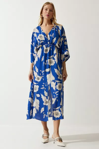 Women's Blue Cream Wrapover Collar Patterned Summer Viscose Dress 