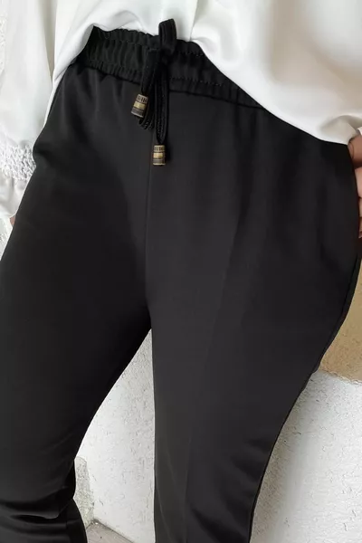 ليكرا بنطلون قماش مزدوج مع خصر مطاطي - أسود