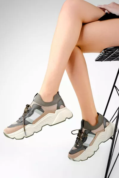 Amsterdam Высокие Подошвы Декоративные Женские Кроссовки на Шнуровке - Хаки