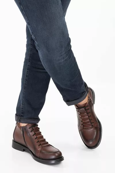  Мужские ортопедические ботинки на шнуровке и молнии из натуральной кожи коричневого цвета