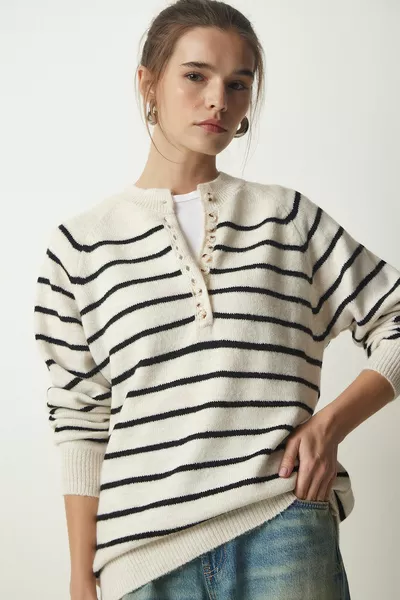 Bone Pull en maille rayée à col boutonné noir pour femme 