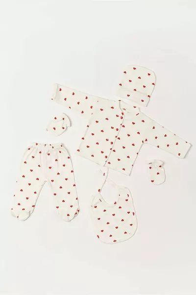 Комплект боди для новорожденных 5 предметов больничный аутлет вельветовая ткань экрю красное сердце коробка