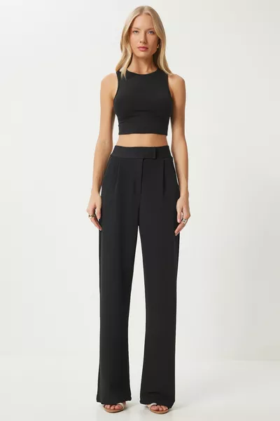 Zwarte taille klittenband casual geweven broek voor dames 