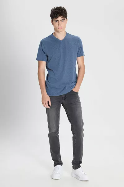 Herren Baumwolle V-Ausschnitt Indigo Melange Slim Fit Slim Fit T-Shirt