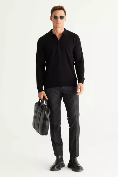 Herren Schwarz Anti Pilling Stoff Standard Fit Normaler Schnitt Polo Kragen Strickpullover