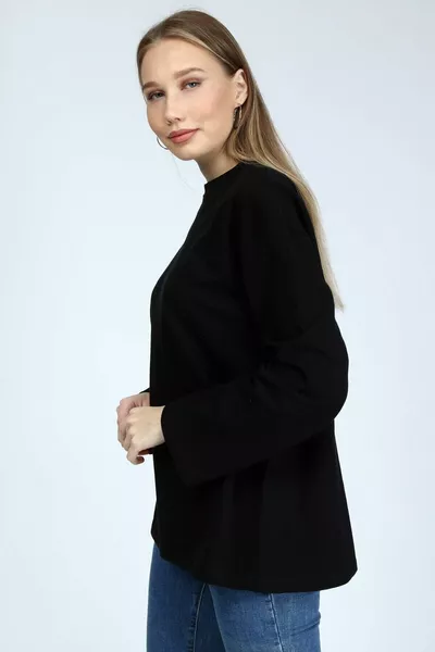 كلاسي المرأة النسيج الأسود كم طويل طاقم الرقبة الأساسية تي شيرت كبير الحجم