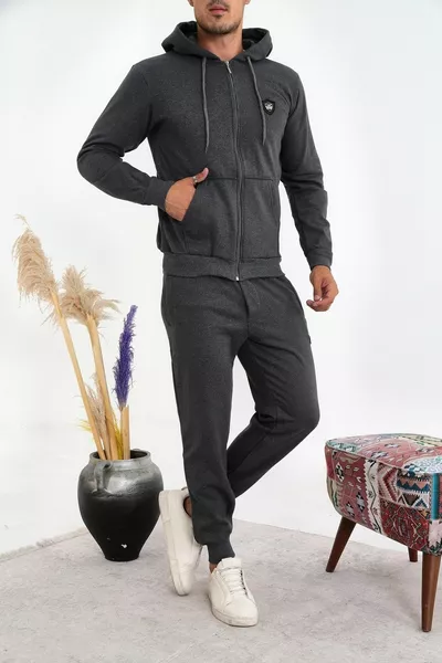 Мъжки опушен анцуг с цип с три нишки