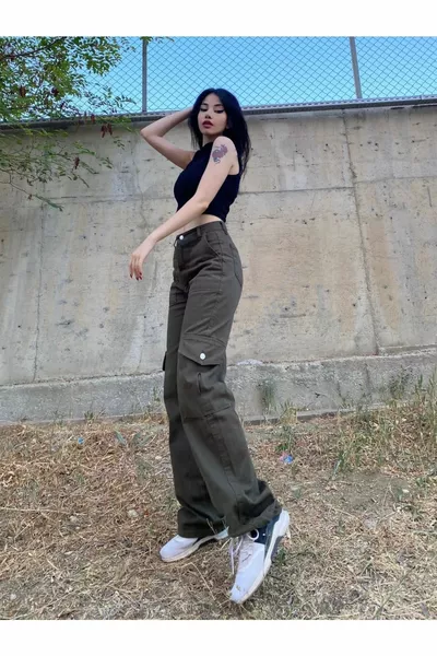 k Khaki Grüne Cargotasche Weite Beintasche Vordertasche Detaillierte Unisex-Hose