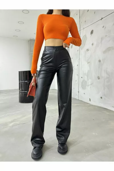 Pantaloni foderati a gamba larga a vita alta in pelle nera da donna