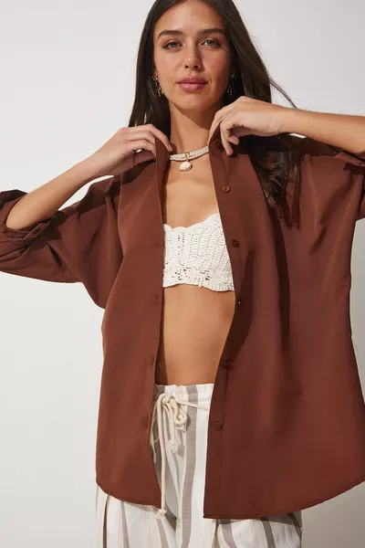 كاكاو نسائي قميص أساسي طويل كبير الحجم 