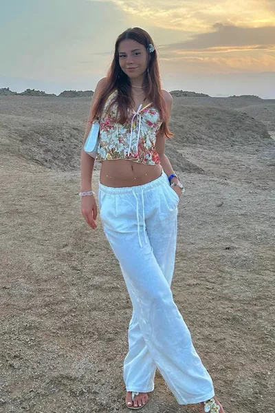 أبيض الرباط واسعة الساق النسيج السراويل 