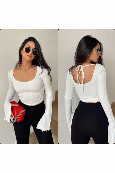 ياقة نسائية طويلة الأكمام مربعة منفوخة من الخلف بلوزة قصيرة بقصة منخفضة 