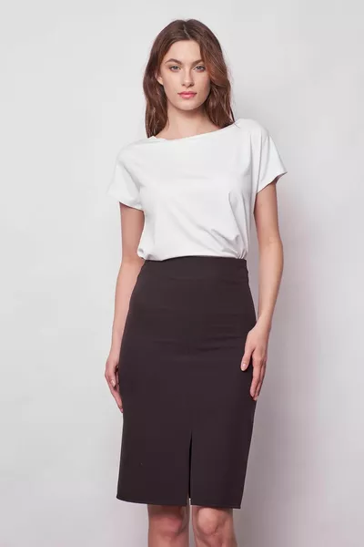 Women's High Waist Front Slit Lightweight Lycra Stylish Fabric Below Knee Office Pencil Skirt-Black