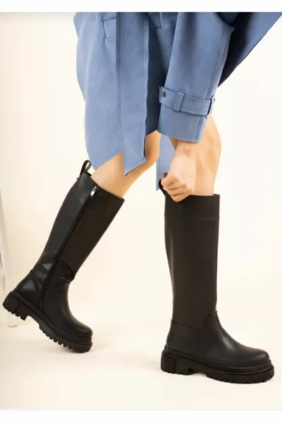 سميكة نمط وحيد أسود طويل عارضة أحذية نسائية