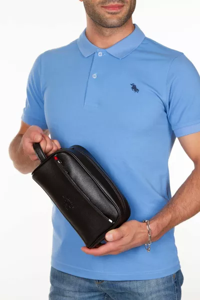 محفظة جلدية رجالية السفر محلوق حقيبة يد سوداء وحامل بطاقة مع آلية الألومنيوم