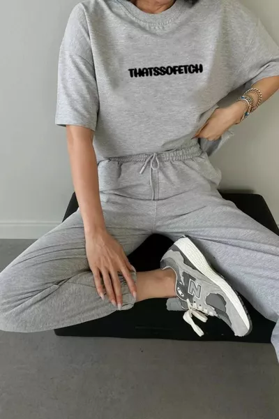 Thatssofetch T-shirt Pantalon de survêtement Jogging - Imprimé gris Bas Haut Survêtement Col rond oversize