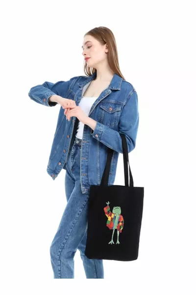 Tragetasche mit Frosch-Print in Schwarz aus Canvas mit Jacke