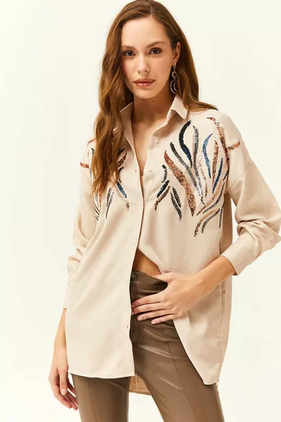 Women's Stone Sequin Wool Effect Oversize Winter Shirt
