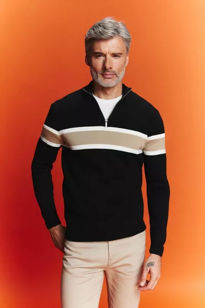 Zwarte Standaard Fit Normale Fit Stand Up Kraag Rits Gestreepte Gebreide Trui wn