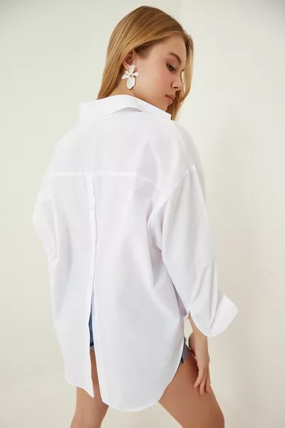 Weißes Oversize-Shabby-Hemd mit Knopfleiste für Damen 