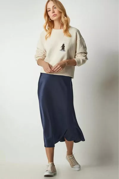 المرأة الأزرق الداكن الساتان سطح ميدي طول تنورة مع الخصر المطاطي 