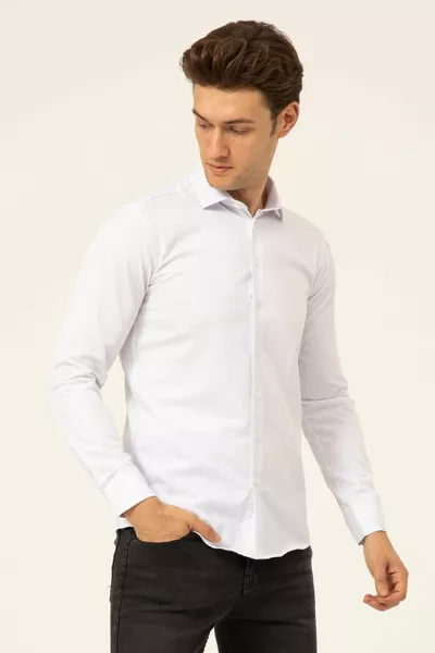 Вталена бяла мъжка риза Dobby Designs