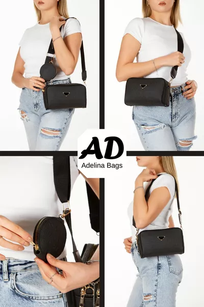 Dames Gedessineerde Schoudertas Portemonnee Gedetailleerd Zwart