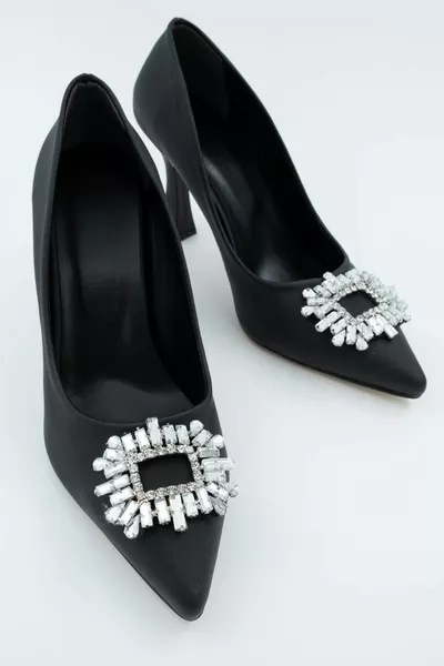 Black Satin Stone Stiletto Goblet Heels - Anjelik