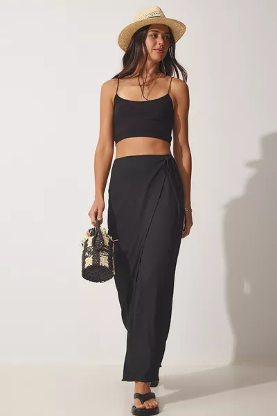 Vrouwen Zwart Gebonden Wrapover Gebreide Rok 