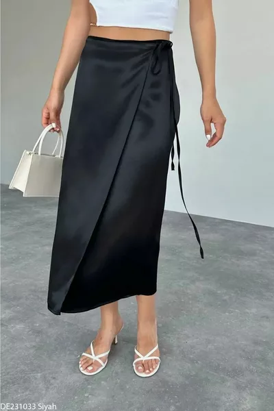 Женская атласная юбка Шнур Галстук на талии два оборота Модель с обертыванием % Атлас Черная ткань