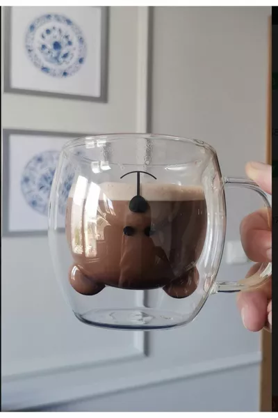 كوب زجاجي مزدوج الجدار بتصميم تيدي بير ، كوب زجاجي مزدوج الجدار مع مقبض ، كوب ممتع