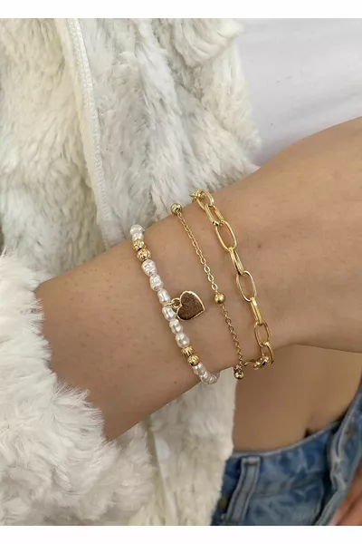 3-teiliges Perlenherz Kombination Gold Armband