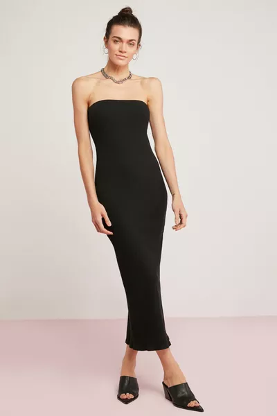 Dellılah Dames Katoen Slim Fit Body Hugging Strapless Kraag Maxi Lengte Zwarte Jurk