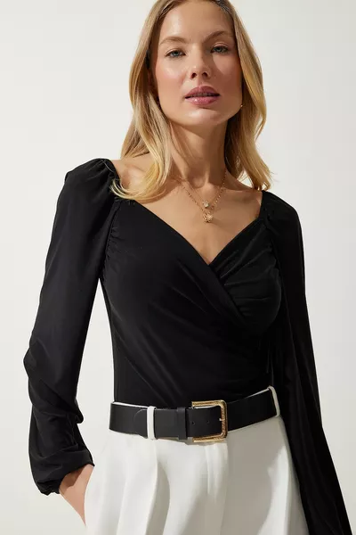 المرأة السوداء مرونة بالون الأكمام ساندي محبوك بلوزة 