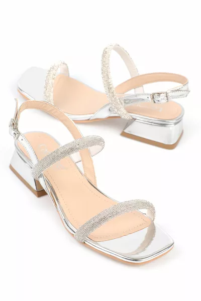 Тап камък с двойна дебела каишка Къса пета огледален плат Дамски сандали