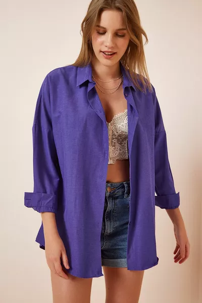 Women's Purple Oversize Long Basic Shirt 