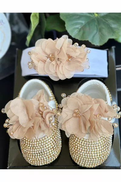 Luxe Design Pierre Placage Bébé Fille Robe De Mariée Occasion Spéciale Chaussures Bande De Cheveux Ensemble Avec Floral Or