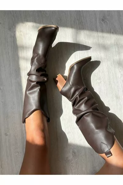 Коричневые кожаные каблуки на массивном каблуке сильфонные сапоги