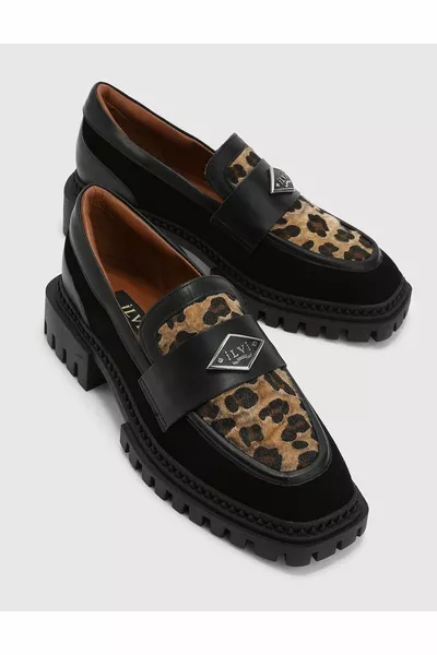 Edda جلد الغزال الأصلي المرأة الأسود ليوبارد أحذية الكسول