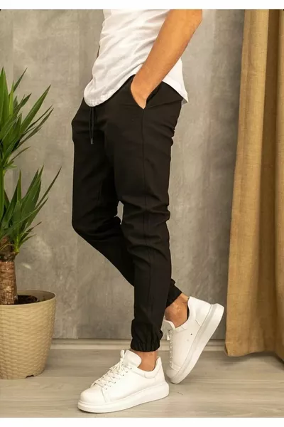 بنطال رياضي - أسود ، ساق مطاطية ، خصر مرتفع