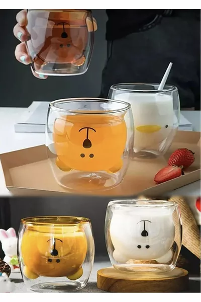 Double Walled Design Glass Cup with Teddy Bear - Gift Double Walled Teddy Bear Cup  ml
