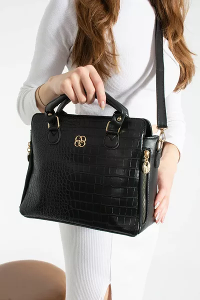 Дамска черна кроко кожа с котешки принт с подплатено рамо и дамска чанта с джобове вътре